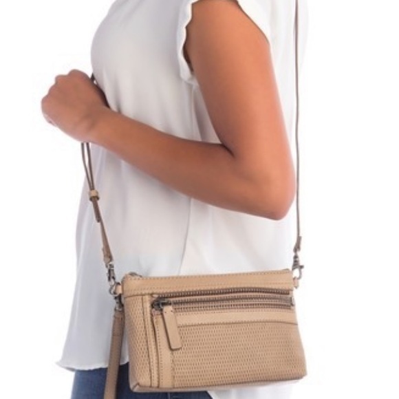 NWT Frye Leather Perforated Tan Crossbody Purse - Picture 1 of 8